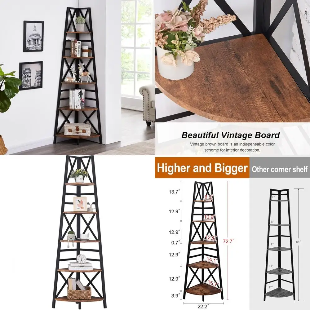 72 Estante de escada de canto marrom rústico de 5 camadas com estrutura de metal para sala de estar, quarto ou escritório