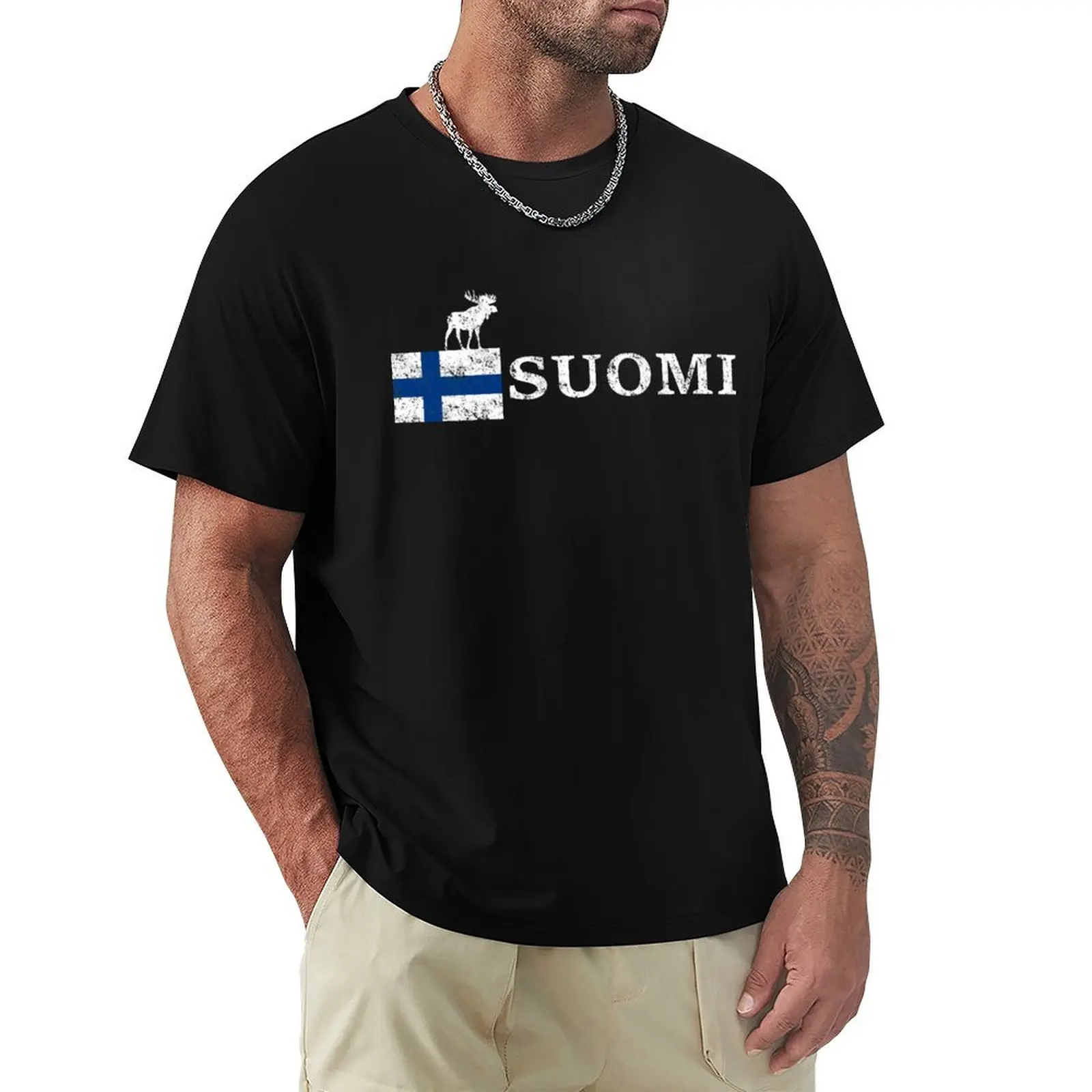 Wikstroem Finland moose flag Suomi used look T-Shirt Casual Holiday Short Sleeve Tee