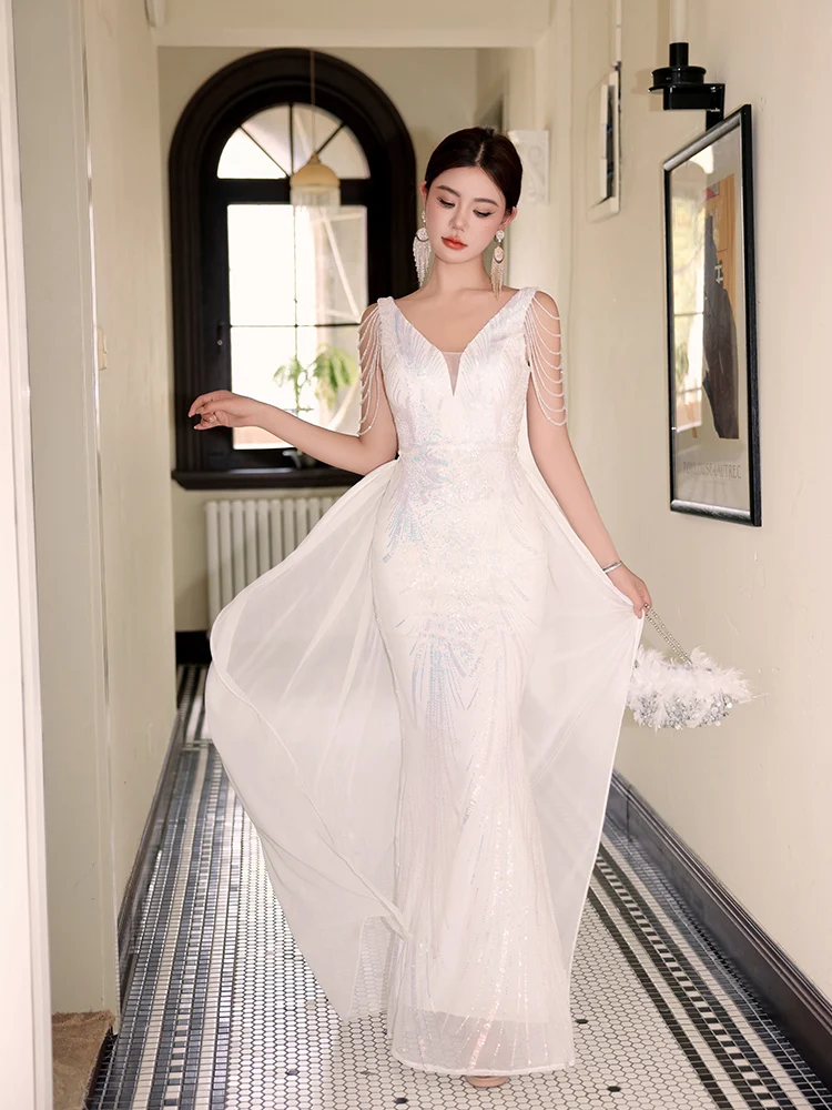 

Sequin White Evening Gown with awl for Wedding Luxury Host Birthday Faionable Deep V Ne Long Tail Fi Tailed D...