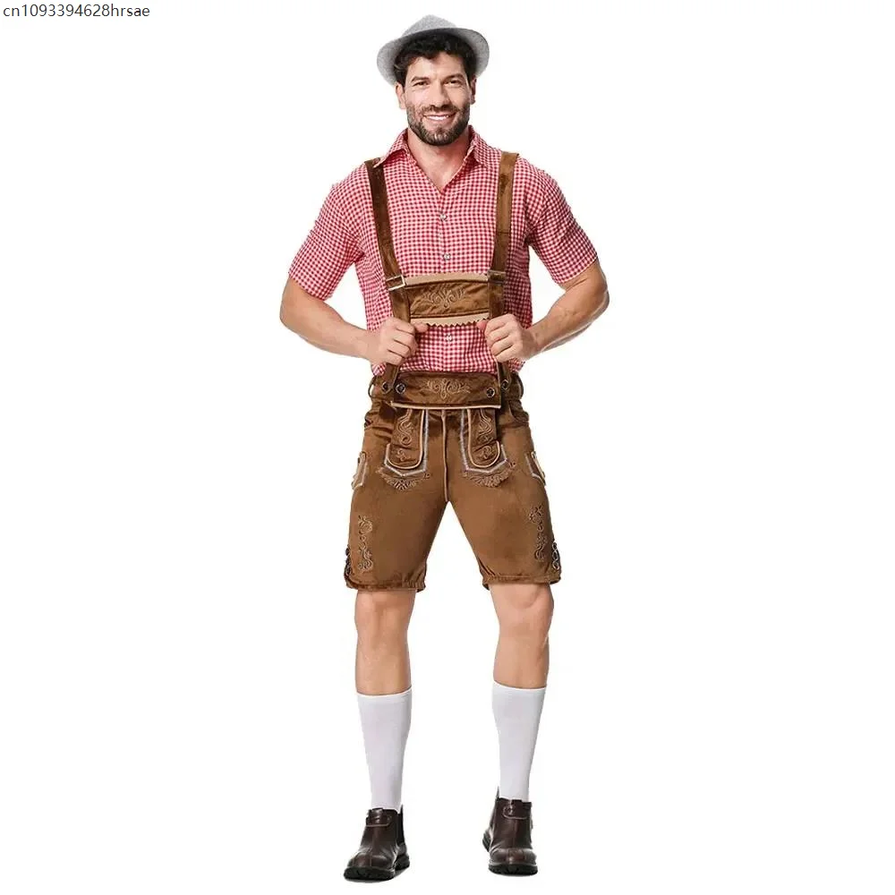 البيرة قميص الحمالة السراويل قبعة تأثيري ازياء البافارية Octoberfest الألمانية البيرة زي الذكور مهرجان أكتوبر Lederhosen زي