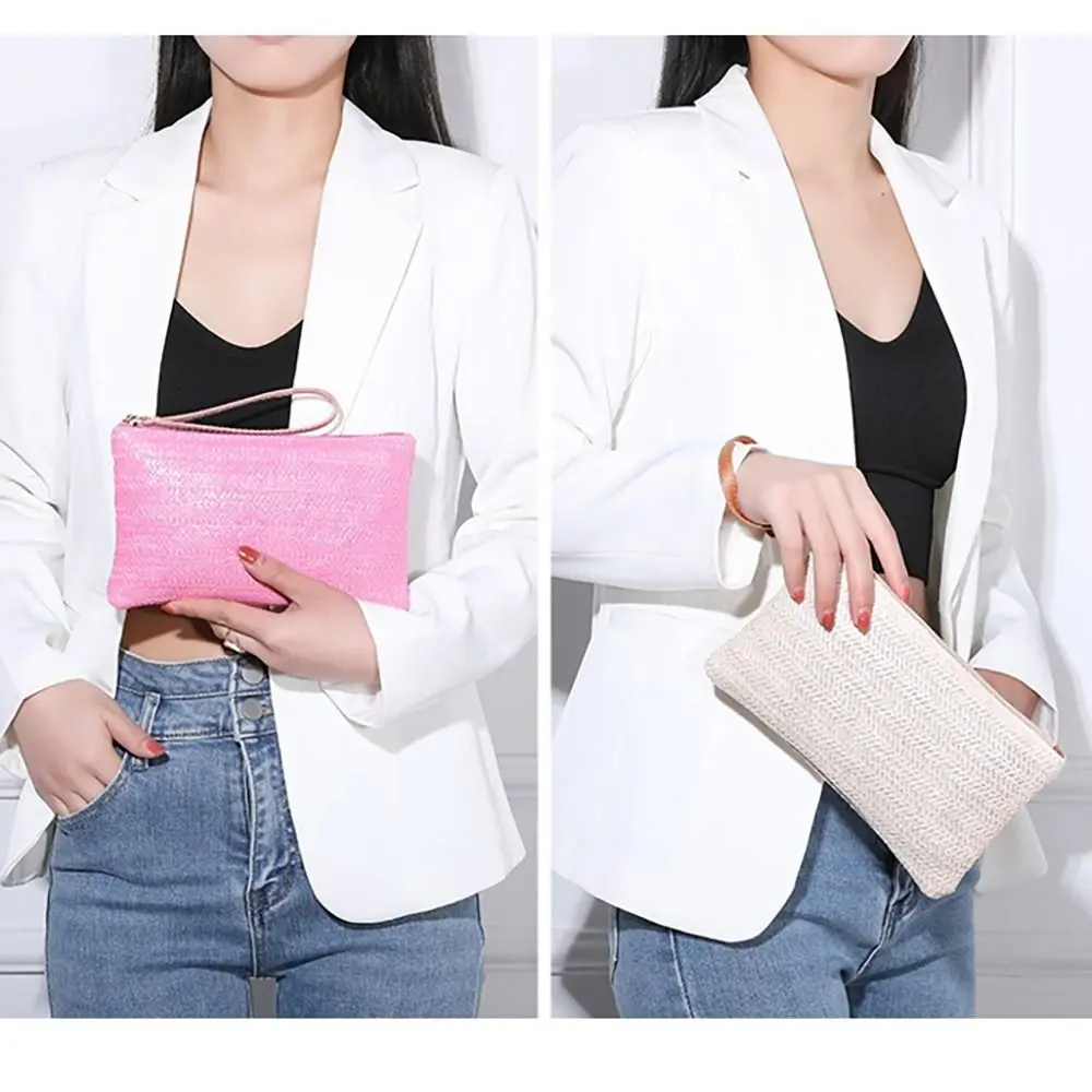 Bolsa de moedas artesanal saco de palha grande capacidade simples tecelagem saco titular do cartão lazer viagem