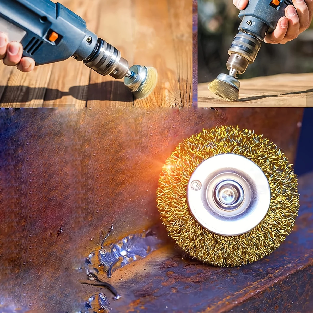 

Set of 3 Wire Wheel Brushes for Drills, featuring coated brushes with a 1/4-inch shank, including cup and tube brushes designed