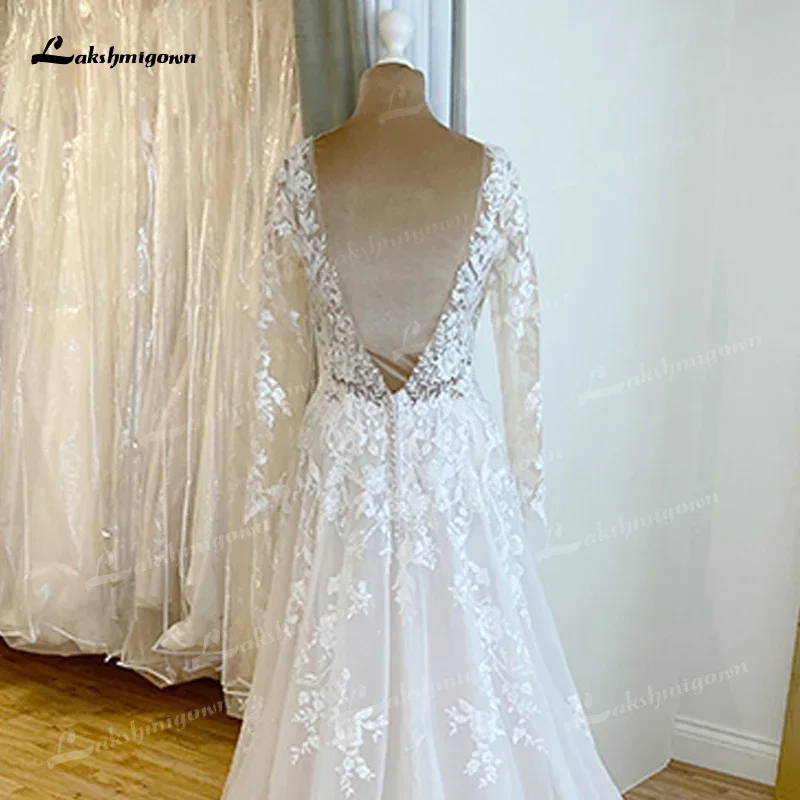 Requintado boho uma linha vestidos de casamento personalizado para as mulheres 2025 noiva sexy decote em v manga completa rendas apliques tule varredura vestido