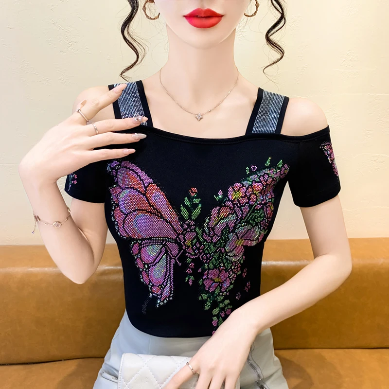 New European Clothes Women's Sexy T-Shirt Luxury Shiny Diamonds Mesh Tops Chic Elegant Off Shoulder Female Tees Blouse