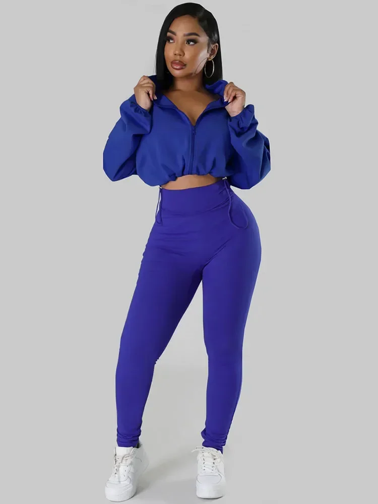 Solid Sportwear Two Piece Set for Women Tracksuit Casual Fitness Workout Zipper Bomber Jacket Top and Sweatpants Matching Sets