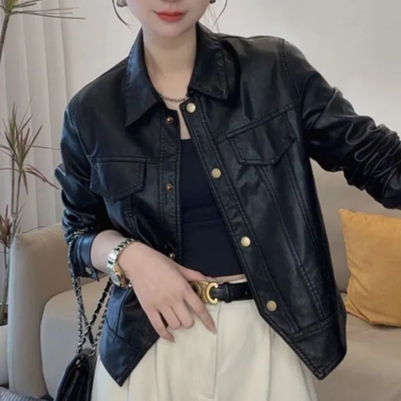 Women Faux Leather Shirt Point Collar Button Front Chest Flap Pockets Long Sleeve Cropped Coat