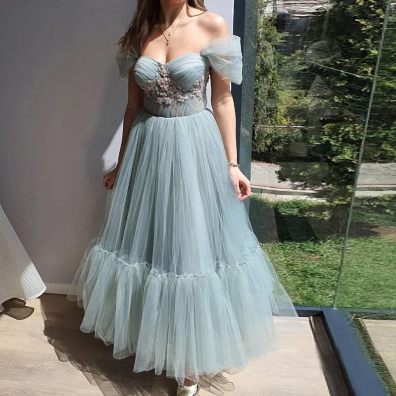 MYYBLE 2021 Off the Shoulder Simple Sweet Women Formal Party Evening Dress A Line Ankle Length Tulle Bridesmaid Prom Gowns