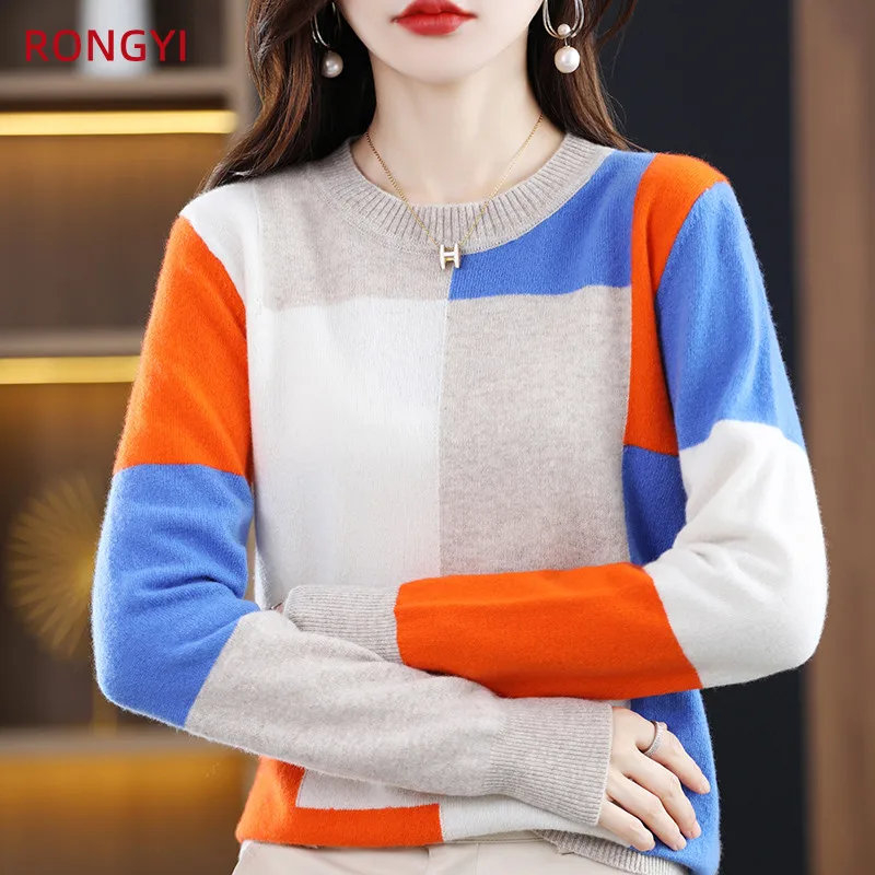 RONGYI 100% Merino Wool Women\'s O-Neck Colorblock Autumn Winter Pullover Cashmere Warm Long Sleeve High Quality Top JS022