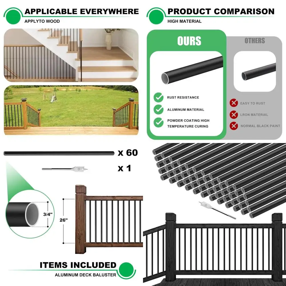 60-Pack 26 Black Metal Balusters for Deck, 3/4 Round Aluminum Spindles, Outdoor Stair Railing with Drill Bit