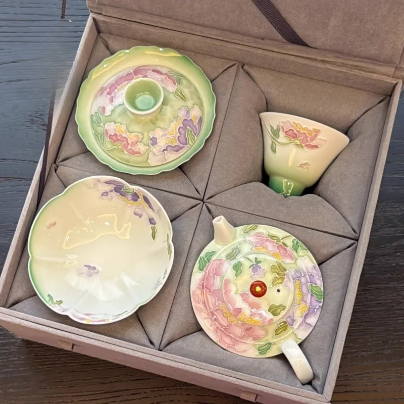 

Lvqi Peony Bowl Set Office Ladies Brewing Teapot Tea Set