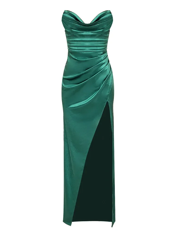 Women Luxury Sexy Strapless Satin Green Split Maxi Long Bodycon Gowns Dress Elegant Evening Party Club Dress