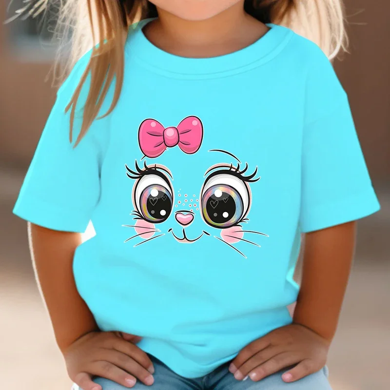 Maglietta per bambini maglietta estiva con fiocco rosa gattino ragazze Cute Cartoon Cat Graphic Tops maglietta selvaggia a maniche corte bianca vestiti Anime animali