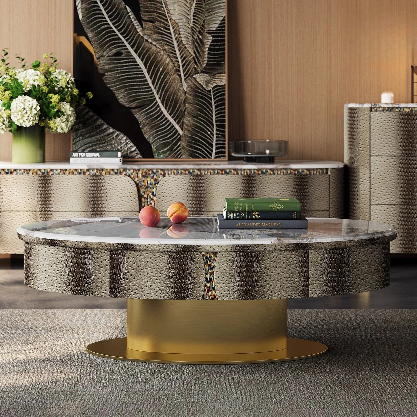 

Premium light luxury coffee table living room custom Italian mansion large flat floor fashionable marble oval tea machine table