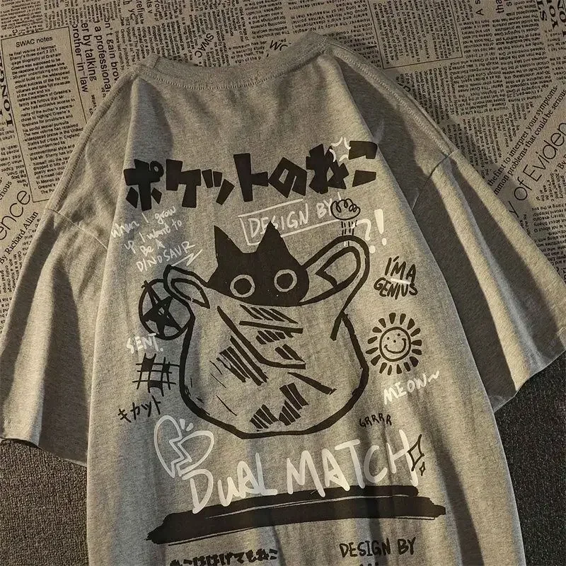 Japanese creative kitten printed short sleeved t-shirt men and women same ins summer loose casual short sleeved lovers outfit