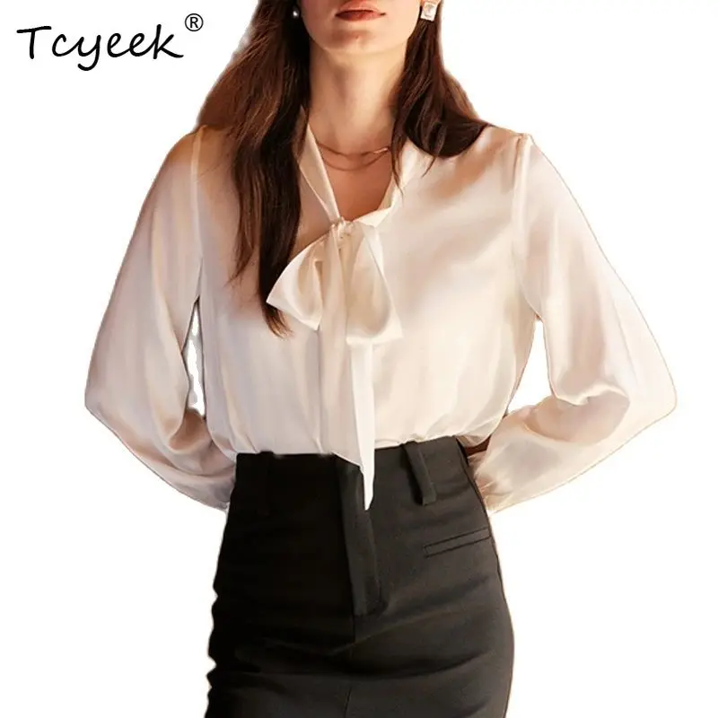 

Tcyeek, 100%Real Silk Elegant Shirt, Women Long Sleeve Ribbon, French Retro Office Lady Blouse, 2024 Summer Autumn T48931QC