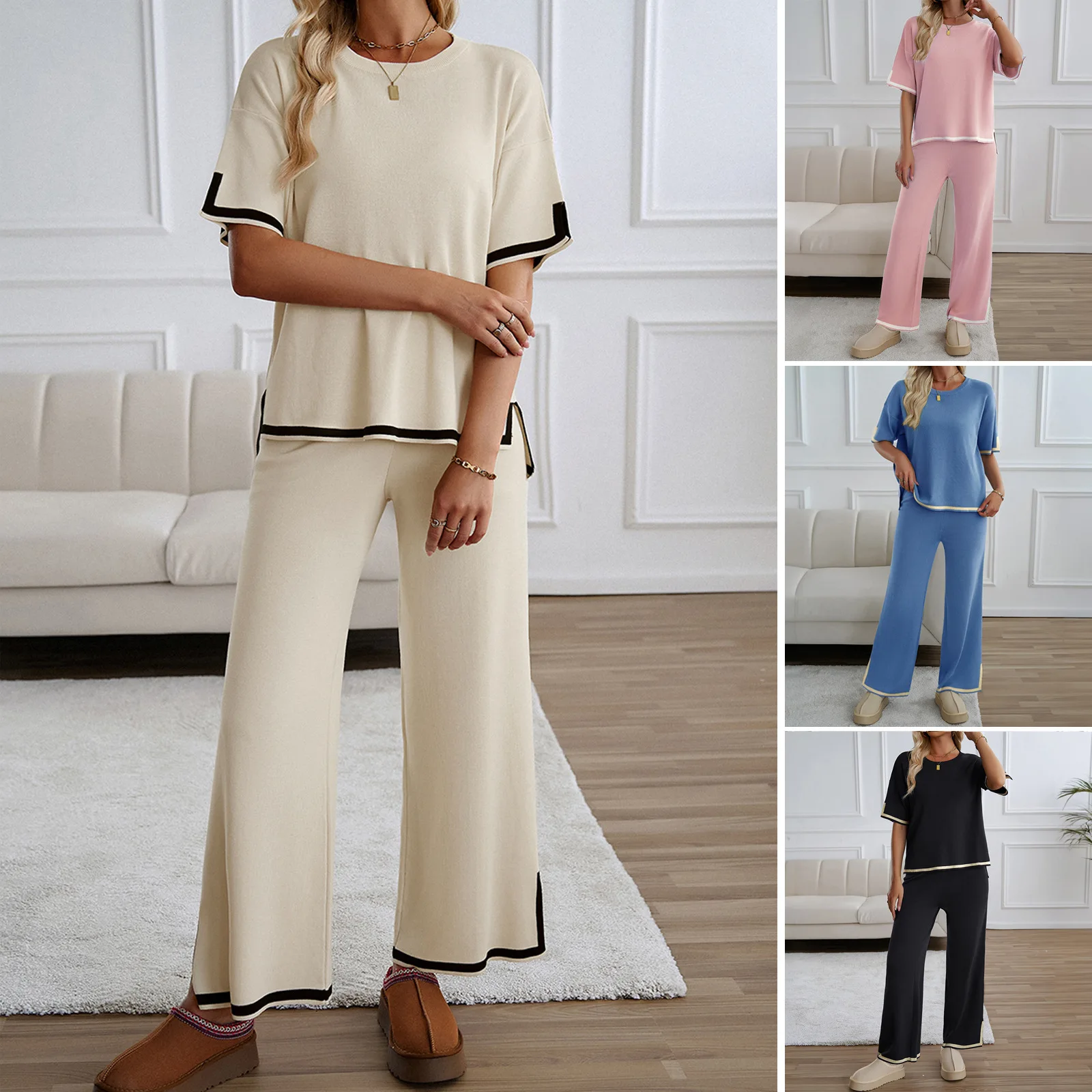 

YJKDYK 2025 Summer Women's Trouser Sets Contrast O-neck Lady's T-shirt Loose Female Wide Leg Pants 2 Piece Sets Women Outfit