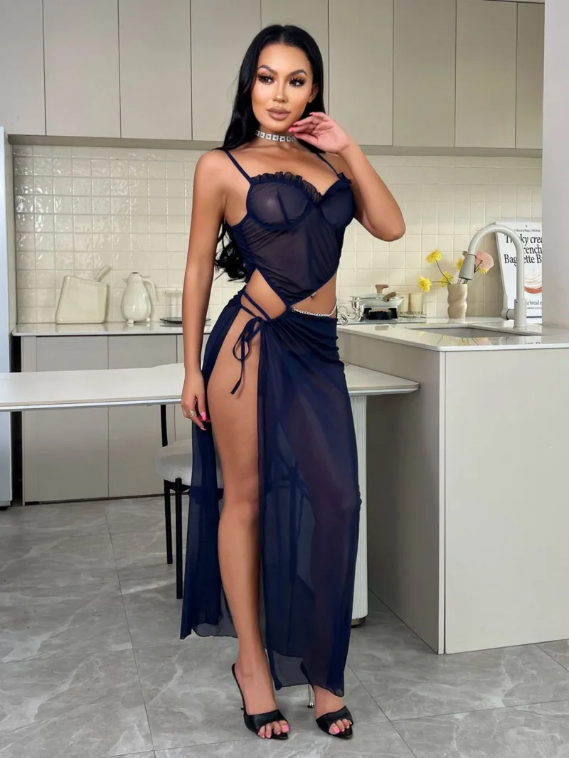 시스루 나이트드레스 브이넥 레이스 섹시 슬립웨어 섹시 드레스 스트랩 홈 롱 드레스 투명 순수 욕망 롱 드레스 순수 욕망 8ZWT