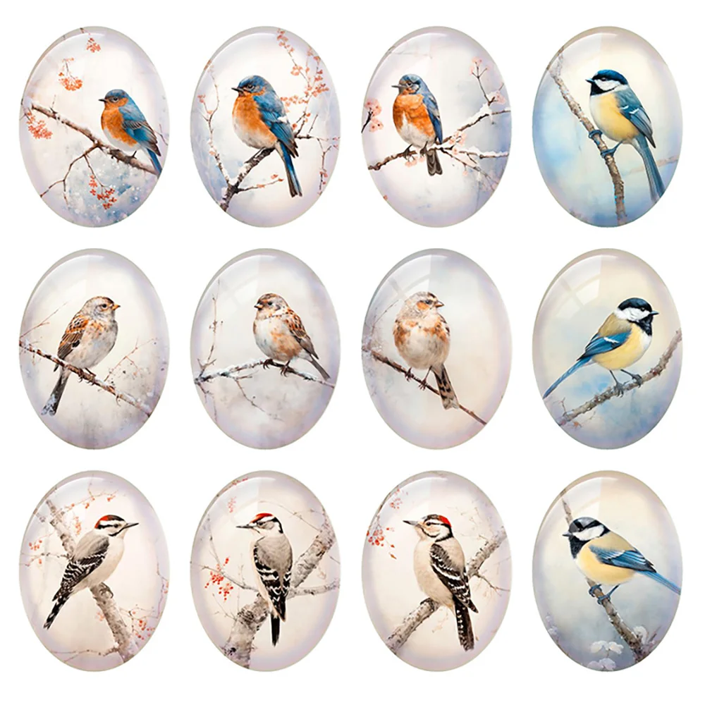 

10pcs/lot Oval Christmas X-mas Winter Branch Bird Snow Photo Glass Cabochon Flatback Demo Cameo Diy Jewelry Making