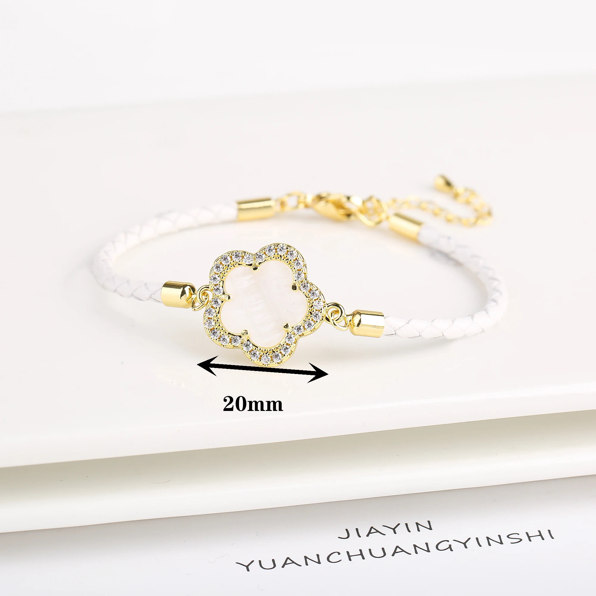 Classic Genuine Leather Woven Natural Stone Flower Charm Bracelet