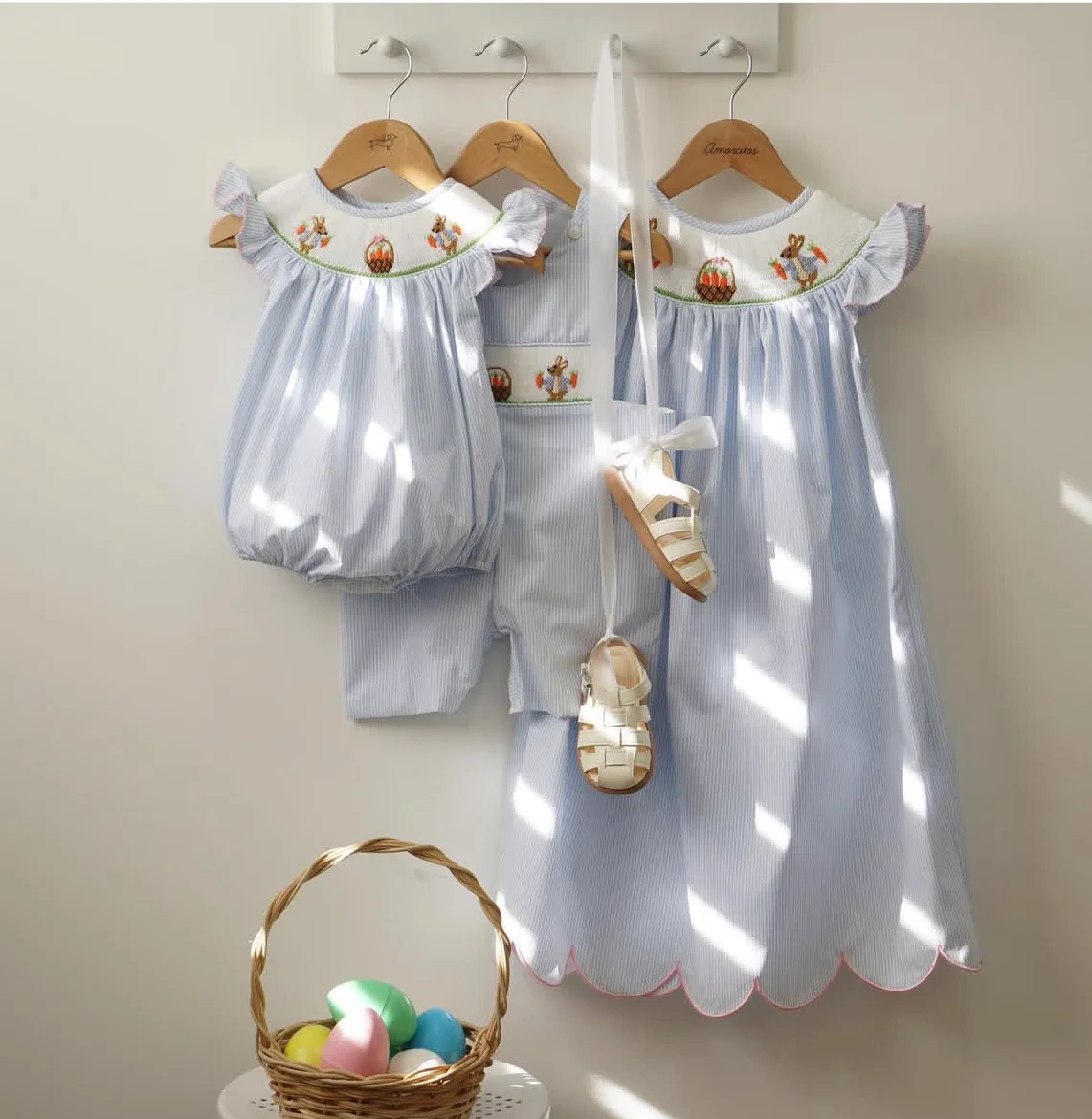 Baby Girl Summer Blue Rabbit Embroidery Handmade Smocked Vintage Princess Dress Boy Suit for Birthday Easter Photography  A1