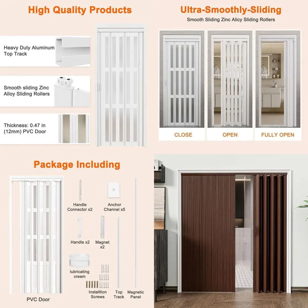 

Раздвижная дверь-гармошка для шкафа и кладовой, 48-72 дюйма x 80 дюймов, с улучшенными роликами и ручкой, полным комплектом фурнитуры, внутренняя многосекционная складная дверь, Roo