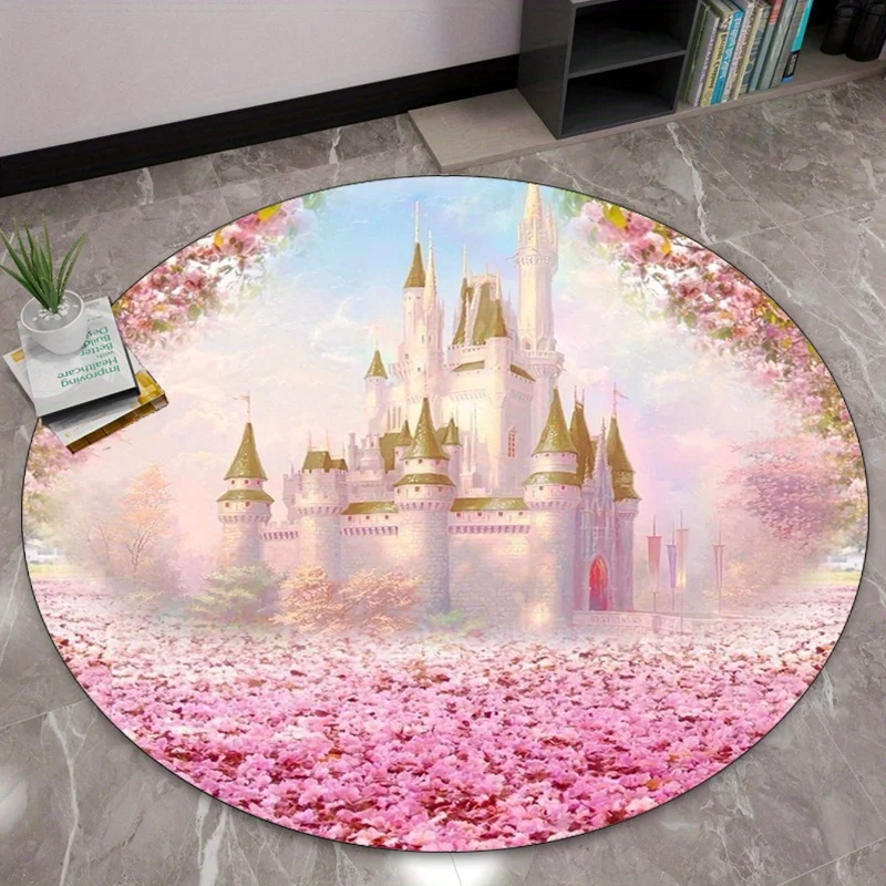 Castle in Cherry Blossom Garden Round Crystal Velvet Rug Fairy Tale Dreamy Scene Home Decoration Soft Floor Mat