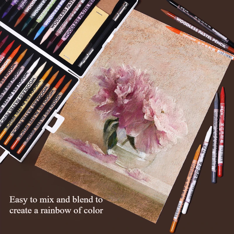 Woodless Pastel Pencils 24 Colors 7mm Core Artist Grade Chalk Charcoal Pencil Great Blending and Layering Sketching in Case