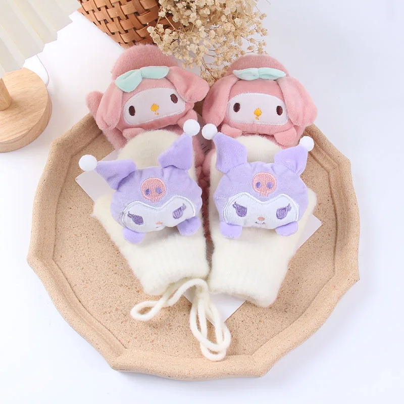 Cinnamoroll Kids Gloves Hello Kitty My Melody Kuromi Pompom Puri Sanrio Cartoon Thick Warm Boys Girls Halter Knit Plush Gloves