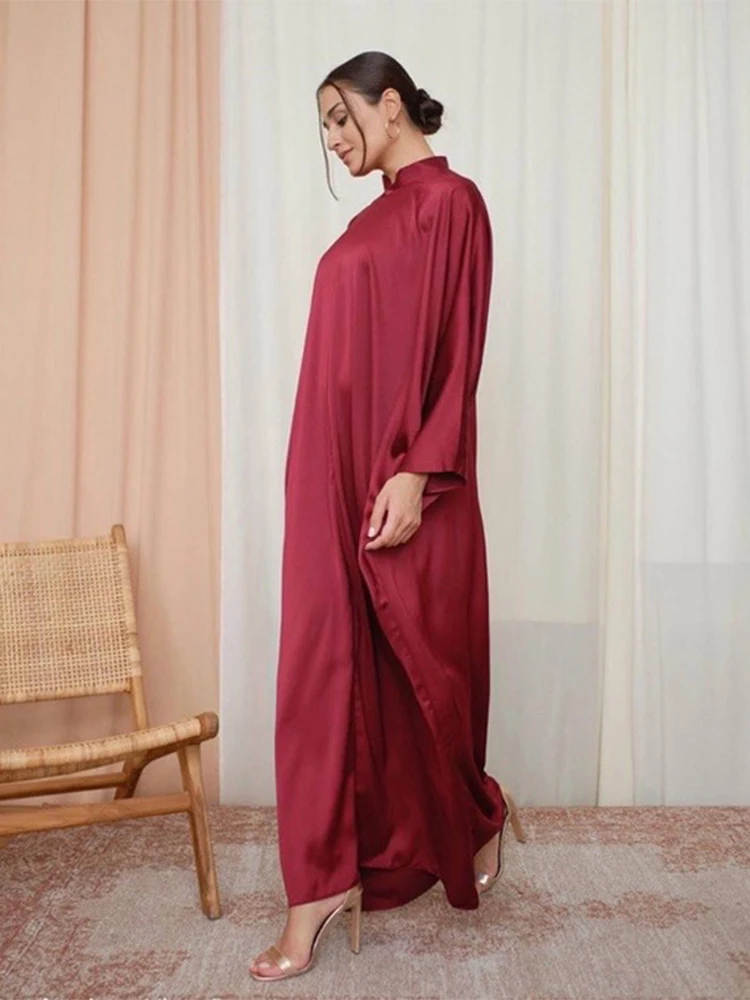 Batwing Sleeve Ethnic Ramadan Jilbab Women Robe Solid Modest Maxi Size Abayas Moroccan Saudi Stand Collar Caftan Galabia Outfits