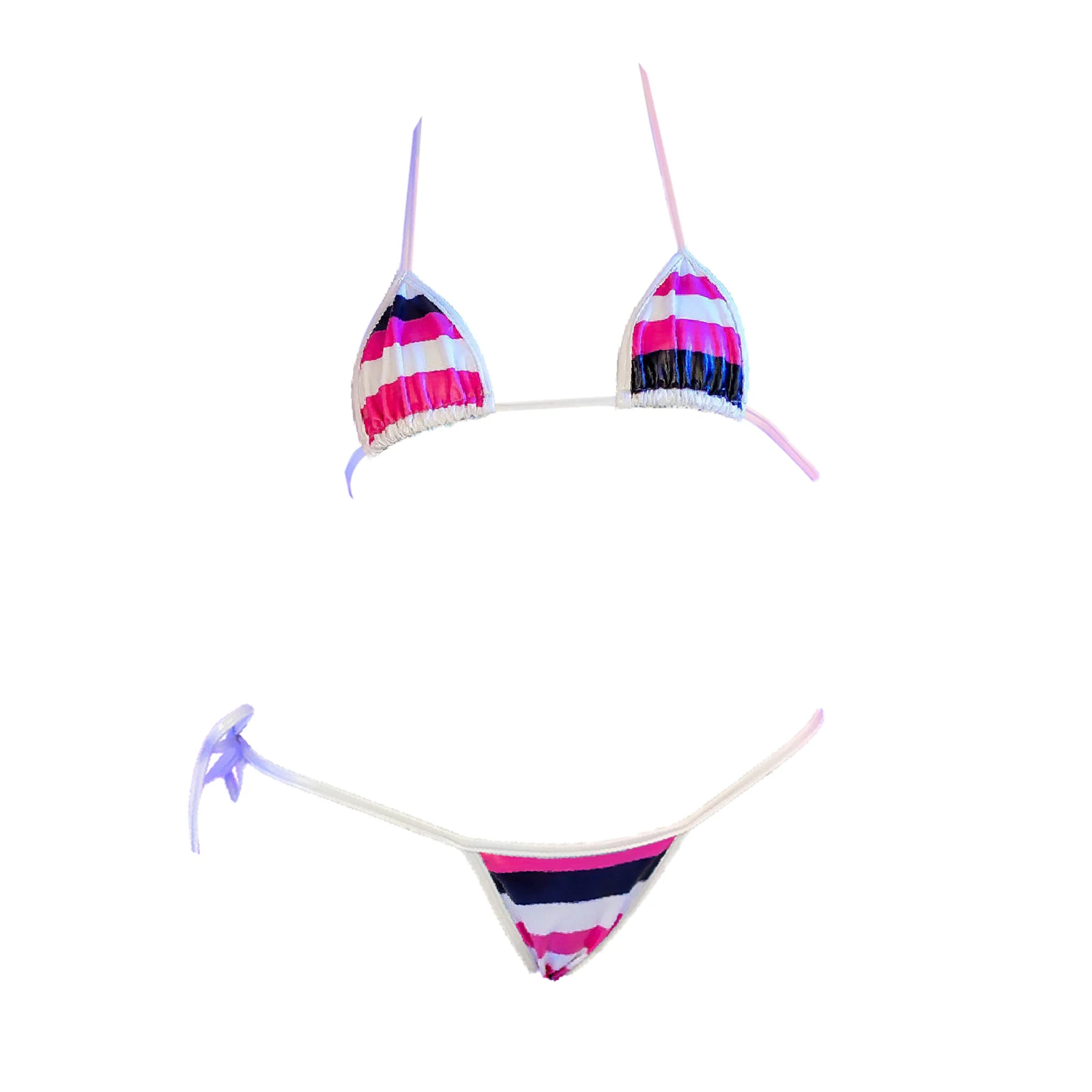 

Sexy Womens Striped Bikini Lingerie Set No Padding Halter Bra Top with T-Back Briefs Lace-up Patent Leather Lingerie Nightwear