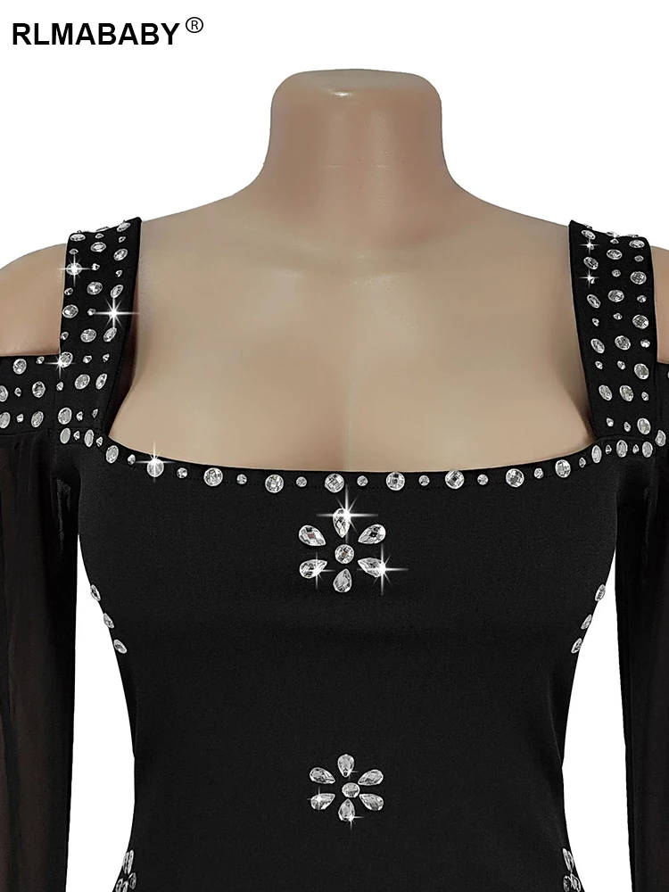 RLMABABY elegante diamante cuello cuadrado hombro recortado mujeres fiesta vestido largo ajustado Sexy Club negro vaina Maxi vestido