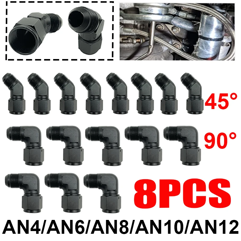 

8Pcs 4AN 6AN 8AN 10AN 12AN Black Female to Male Union Flare 45 Degree 90 Degree Swivel Oil Fuel Hose Fitting Adapter Aluminium