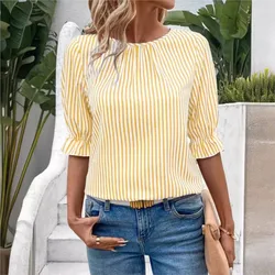 New Fashionable Blue Striped Button Design Blouse Top Women Casual Round Neck Half Sleeve Tops Shirt Elegant Office Clothing