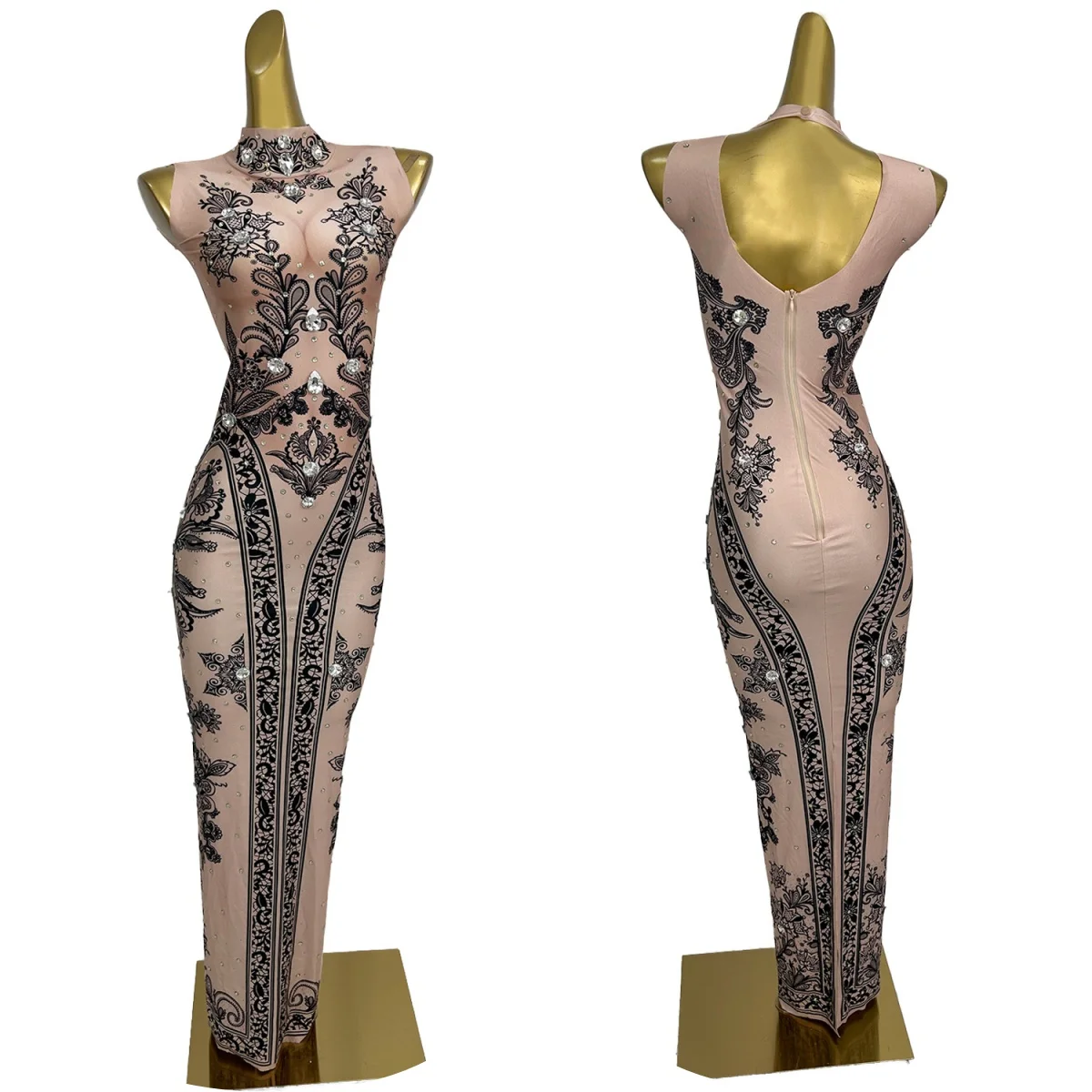 

Black Printing Sexy Tight Fitting Long Dress Fashion Women Couture Singer Spandex Elastic Dress Sparkly Rhinestone Party Outfit