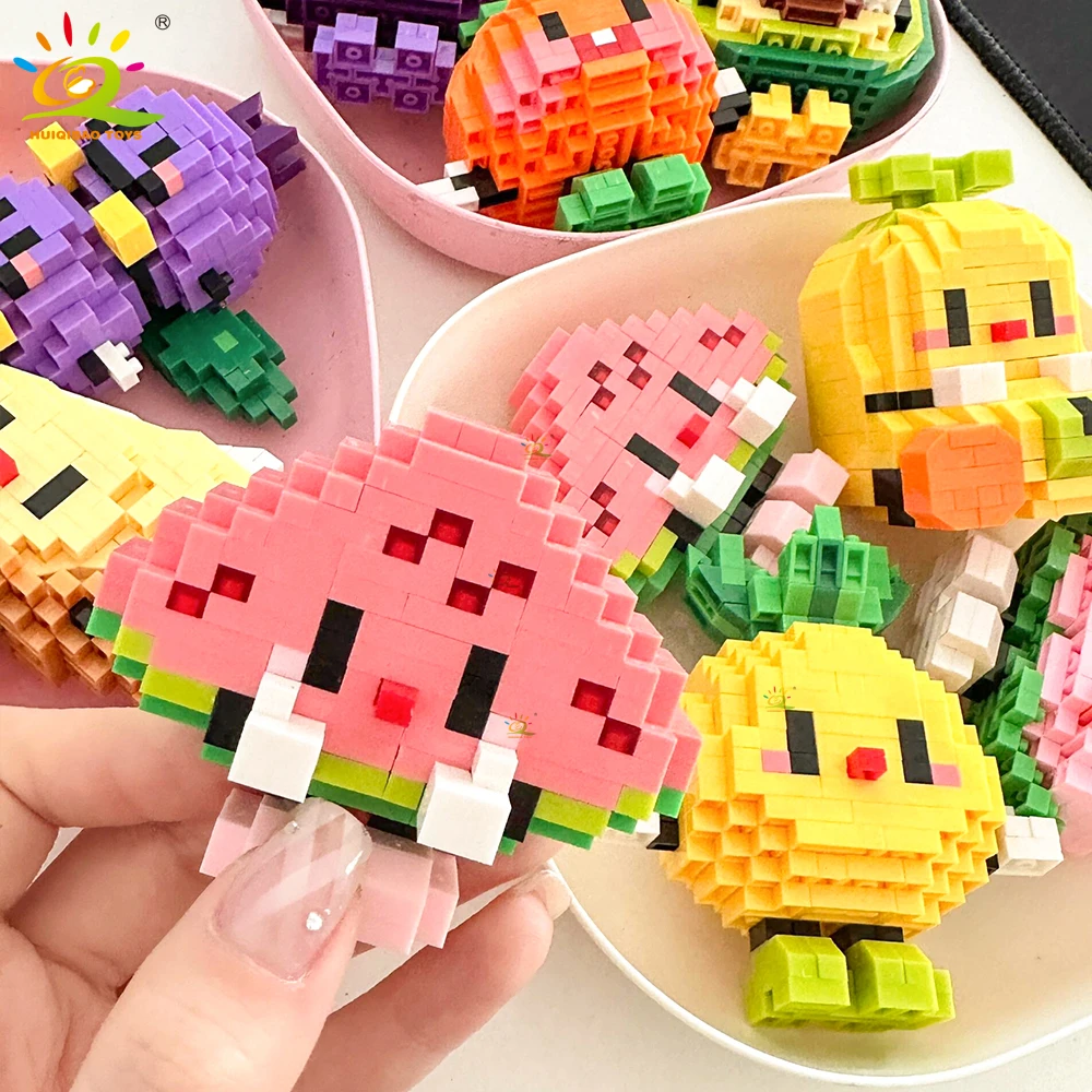 HUIQIBAO Mini Cute Delicious Fruit Micro Building Blocks 3D Diamond Model Food Bricks DIY City Construction Toys for Children