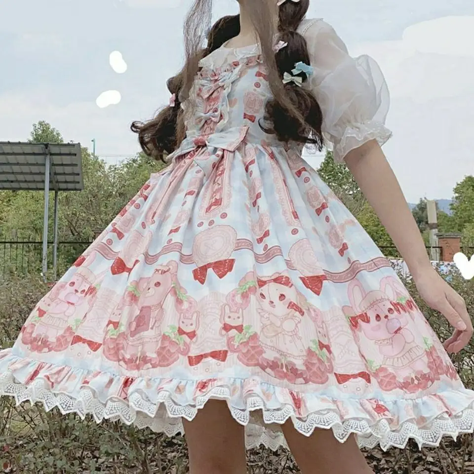 Japanese Lolita JSK Dress Sweet Lolita Dresses Female Soft Girls Ruffle Fungus Women Lace Dress Vestido Suspender Party Dress