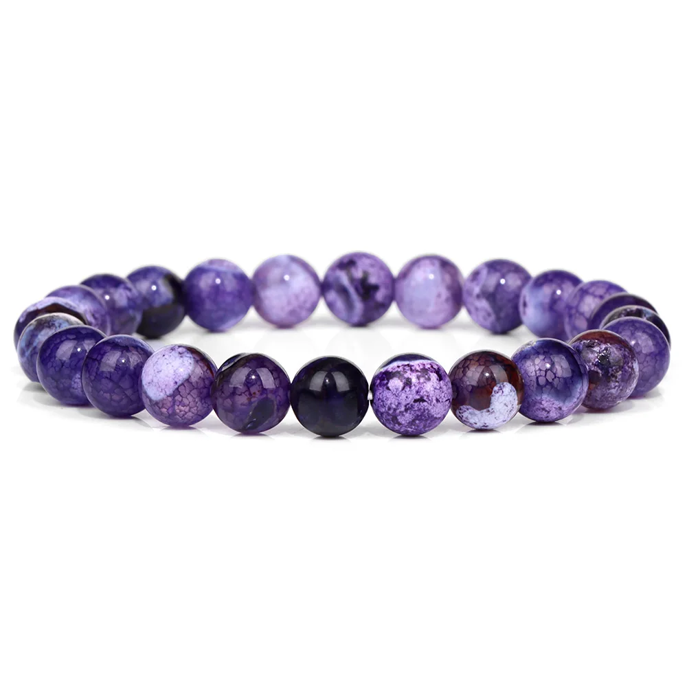 Purple Stone Bracelet 8mm Natural Stone Fire Dragon Agates Amethysts Fluorite Jasper Beads Elastic Bracelets For Women Men