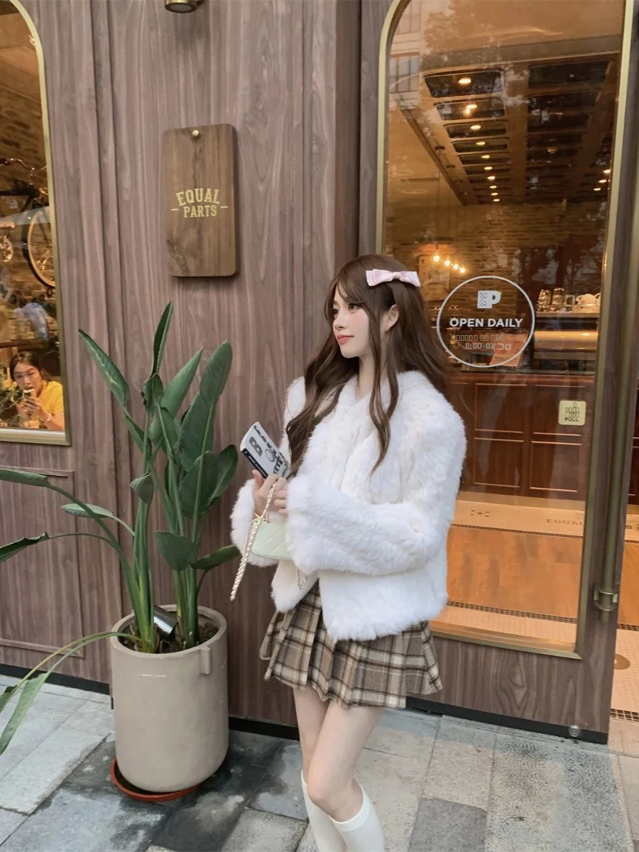 

LXLILIUM Начальная зимняя шуба ручной работы из кроличьего меха, женская зимняя шуба с капюшоном, милая застежка-молния, длина