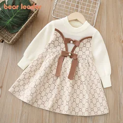 Bear Leader Autumn and Winter Khaki Rabbit Pattern Printed Bow Splicing Sweater Dress Korean Edition Baby Girls Casual Dresses