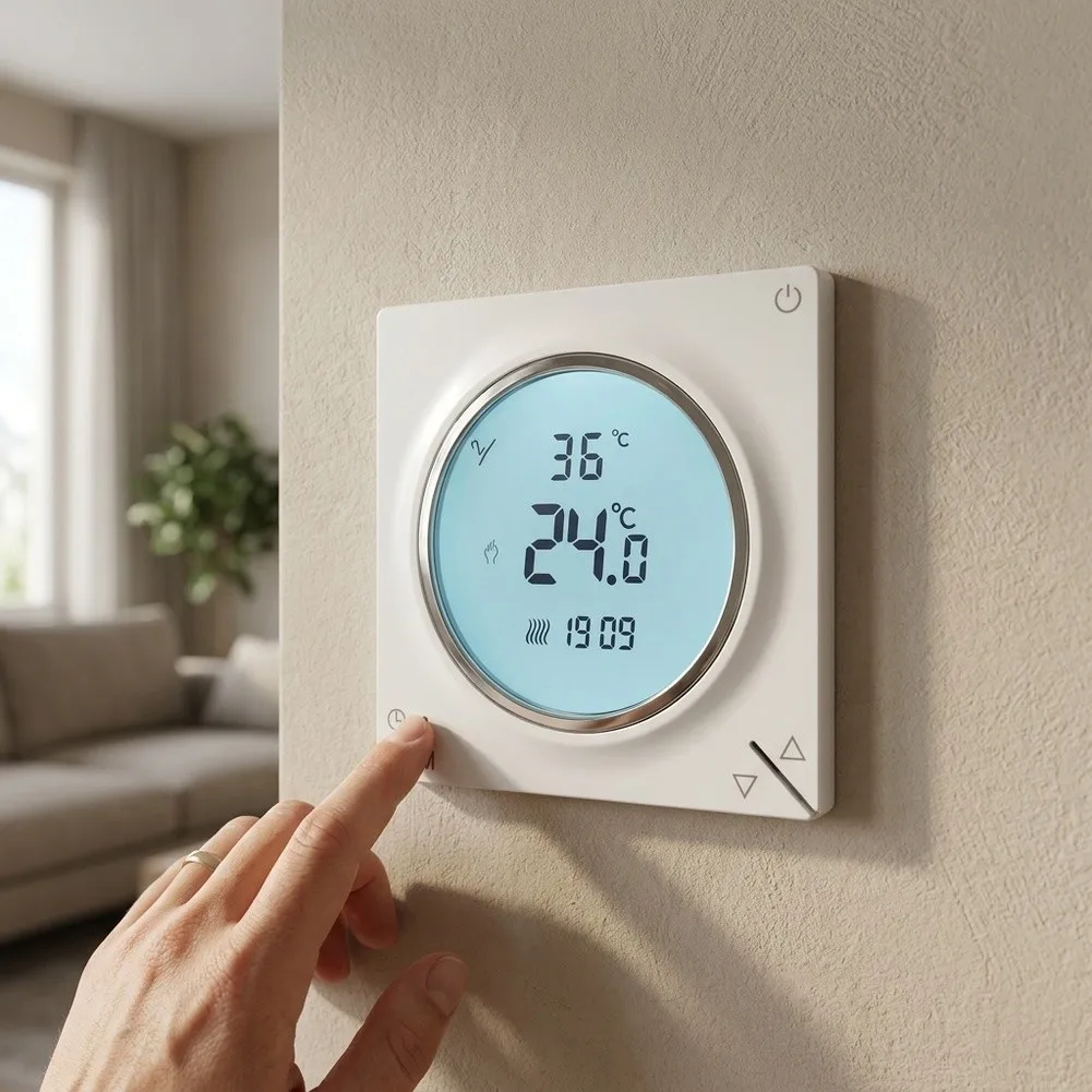 WiFi Smart Thermostat for Electric Heaters App Control Programmable Settings LCD Display Voice Ready 10x10x6cm ABS Housing