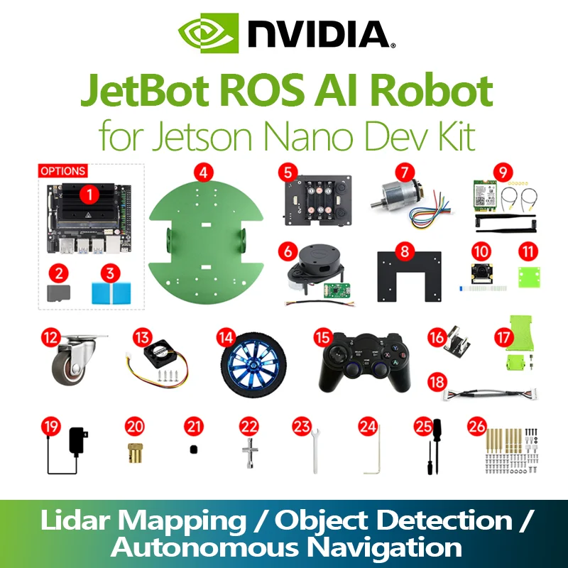 JetBot ROS AI Kit Dual Controller Robot Lidar Mapping Autonomous Navigation Vision Face Recognition NVIDIA Jetson Nano Dev Kit