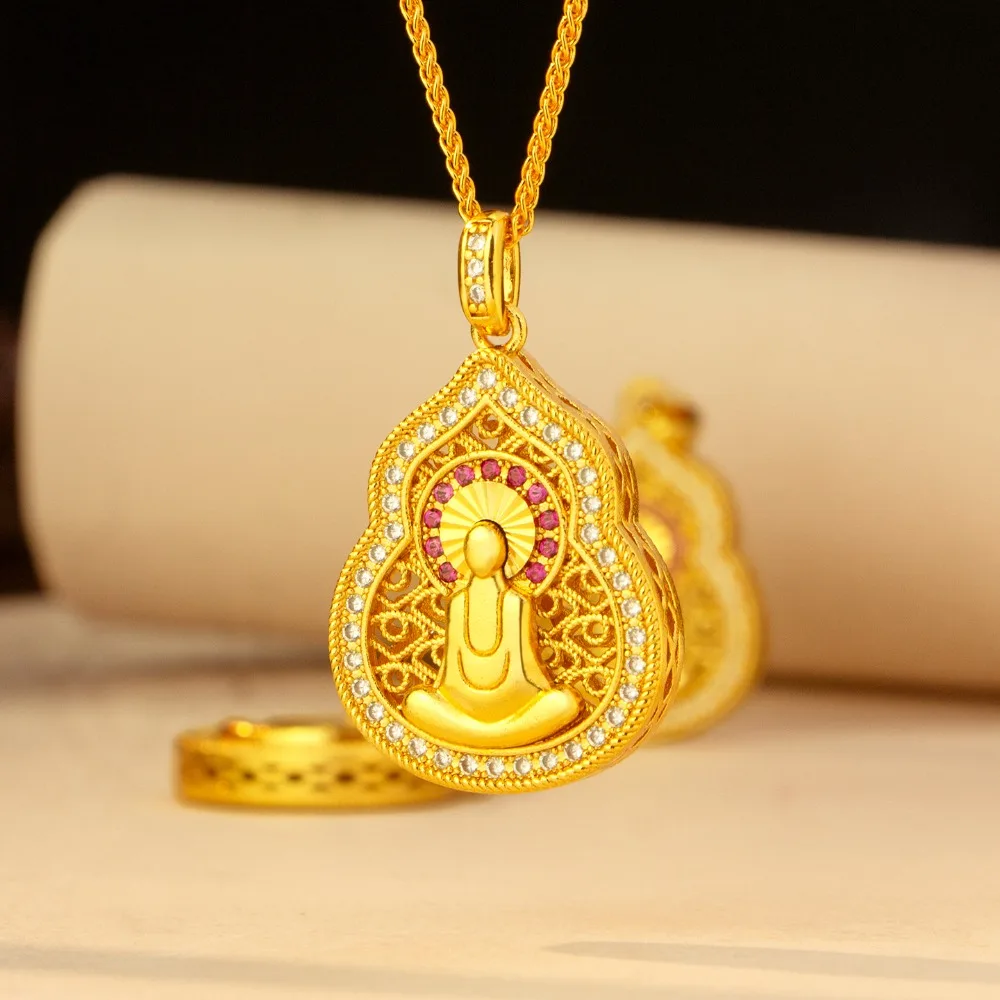 Flower silk hollow inset without Buddha pendant retro palace style gourd Buddha necklace 9999gold