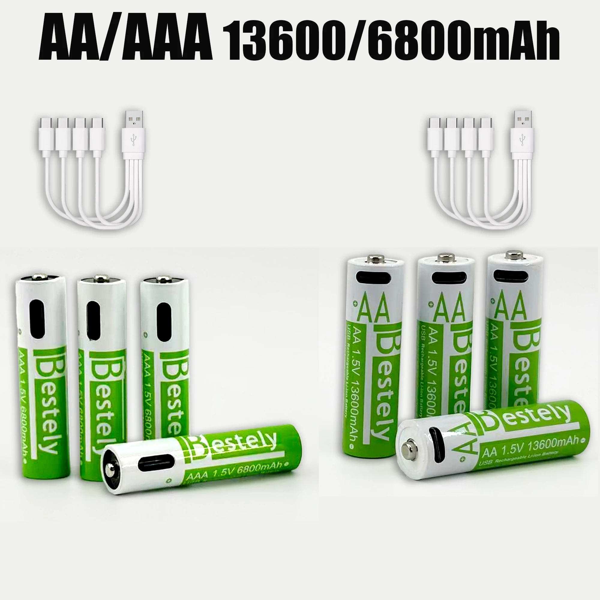 1.5V AA 13600mAh+AAA 6800mAh Rechargeable Lithium Battery with Free USB- C Cables
