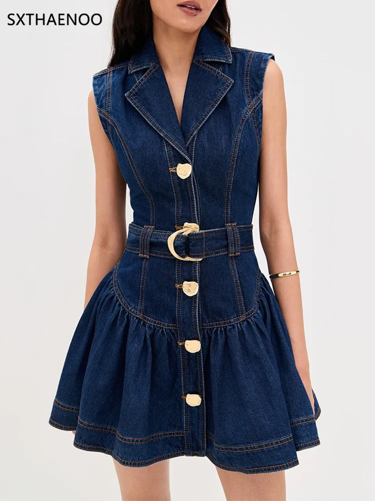

SXTHAENOO Solid Spliced Single Breasted Casual Long Dresses for Women Lapel Sleeveless Patchwork Belt Cowboy Dress Female 2025