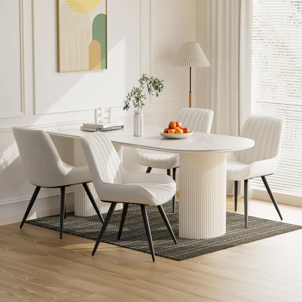 

Mid Century Modern Dining Chairs Set of 4, Soft Cushion Upholstered Fabric Kitchen Chairs, White