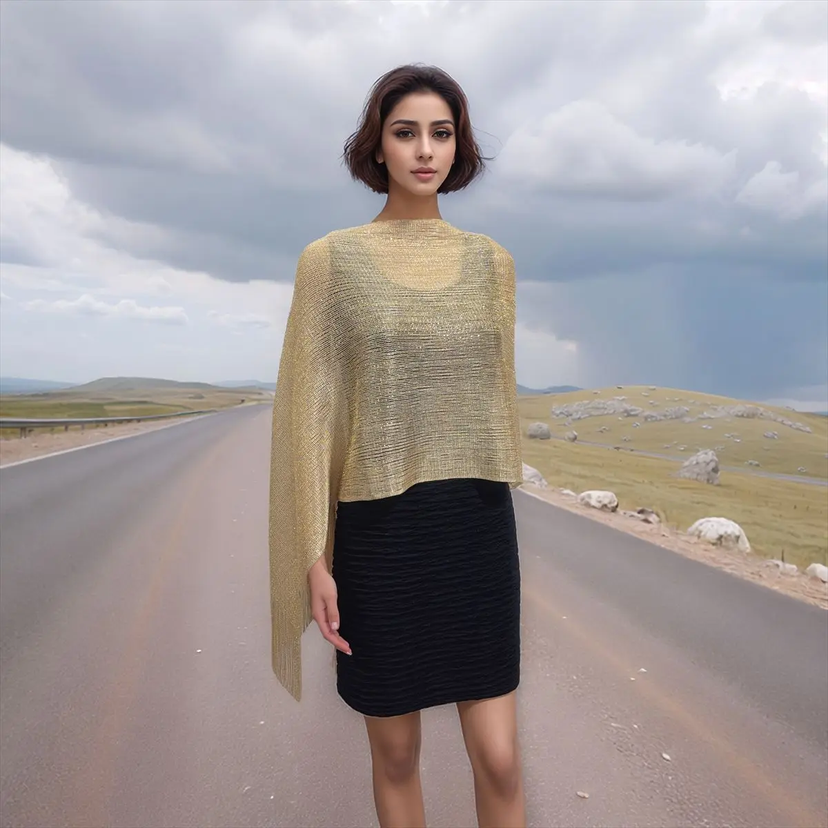 New hollowed out shawl cape European and American women's summer outerwear cloak tassel pullover polyester shiny Poncho p2