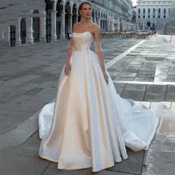 Flavinke Gorgeous Satin Modern Wedding Dresses Elegant Off Shoulder Sleeveless Train Floor-Length Fluffy Princess Bride Gowns