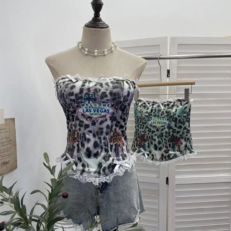 Sexy Women's Clothing With Built In Bra Leopard Print Letter Design Color Block Lace Bow T-shirt Spicy Girl  Strapless Top  1580