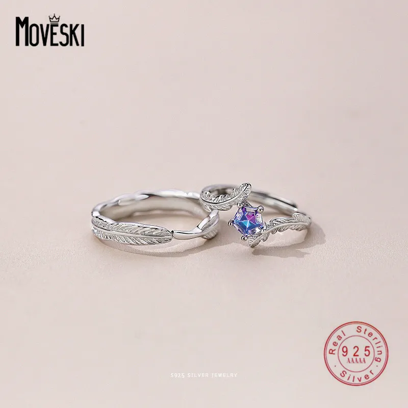 

MOVESKI 925 Sterling Silver Korean Feather Star Blue Zircon Couple Rings Women Luxury Romantic Engagement Jewelry