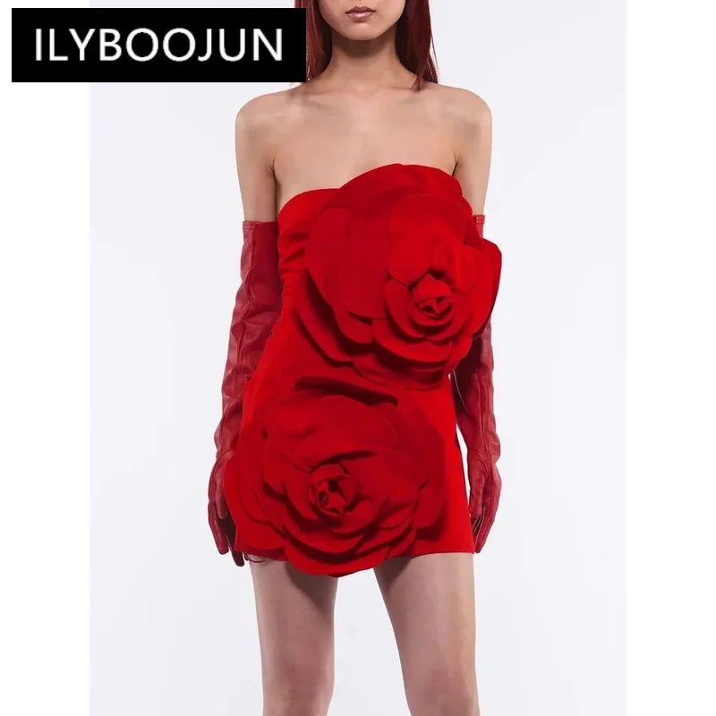 

Spliced Appliques Sexy Dresses For Women Strapless Sleeveless High Waist Off Shoulder Temperament Dress Female Fashion Style
